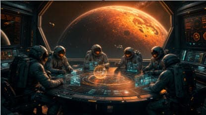 Security operators monitor a glowing interface in a dark control room